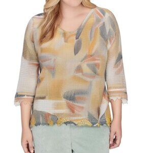 Alfred Dunner Women's  Isn't It Romantic Floral Mesh 3/4 Sleeve Top Plus Size 1X